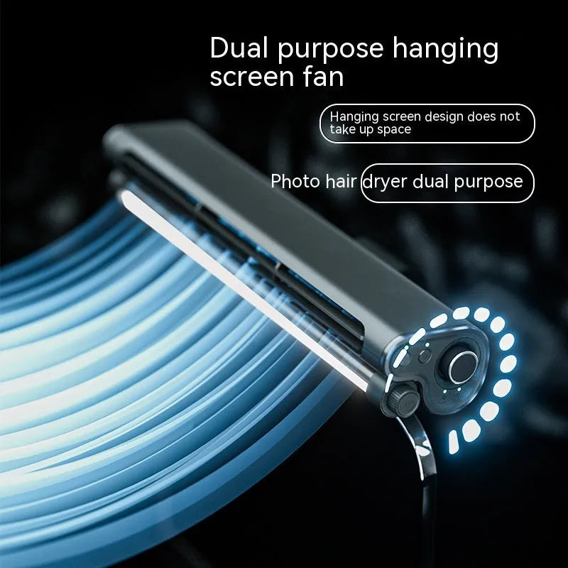 Black bladeless USB fan with clip attachment and integrated lighting lamp for computer screens