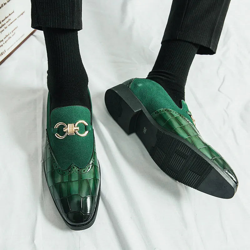 Men's black pointed toe low-top casual shoes with artificial PU leather upper and visible sewing lines.