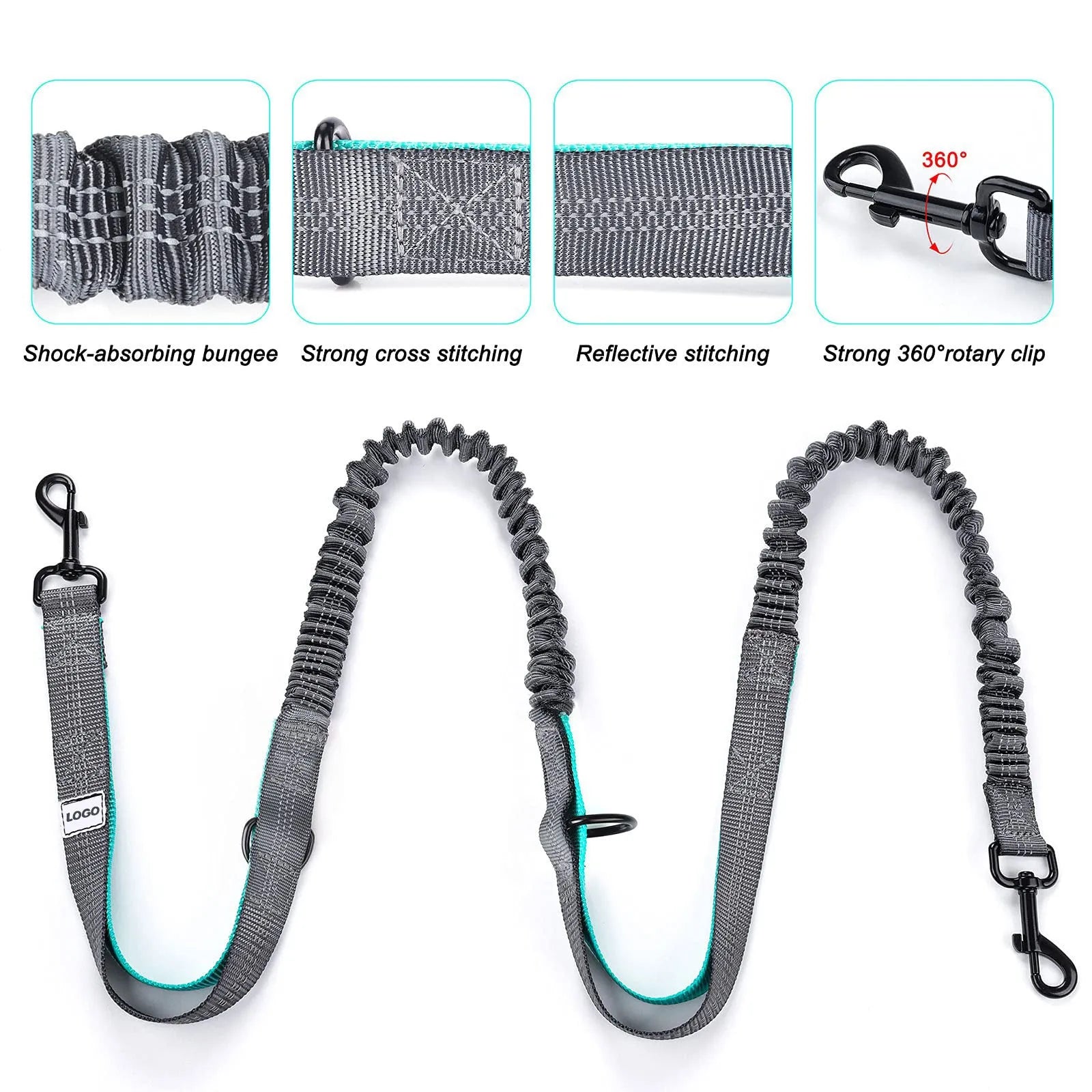 Black nylon outdoor dog walking set showing a waist bag and a hand-holding leash with collar attachment.