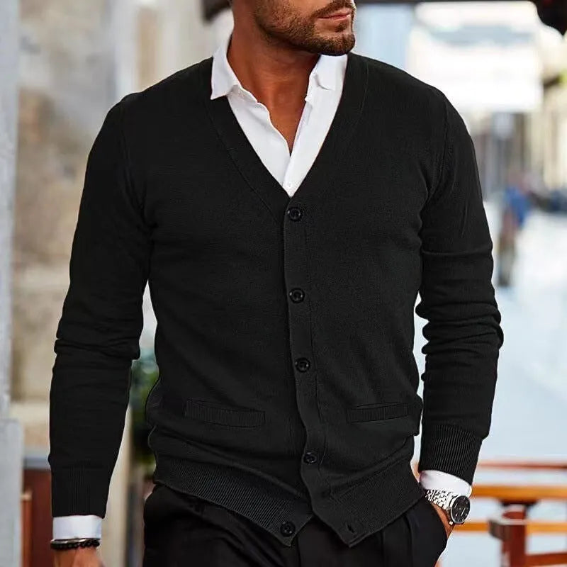 Men's slim fit acrylic cardigan sweater in a selection of colours including creamy-white, grey, black, wine red, and dark green.