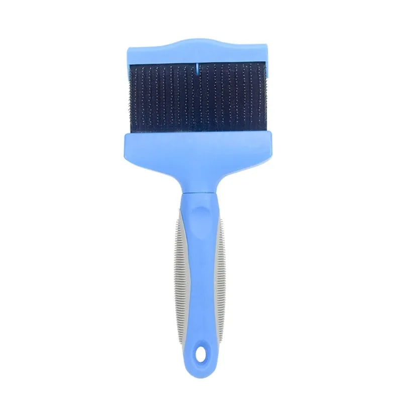 Double-sided pet brush with stainless steel pins and blue ergonomic handle for dog and cat grooming