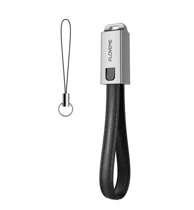 Short red leather and metal iPhone lightning charging cable showing 20cm length.