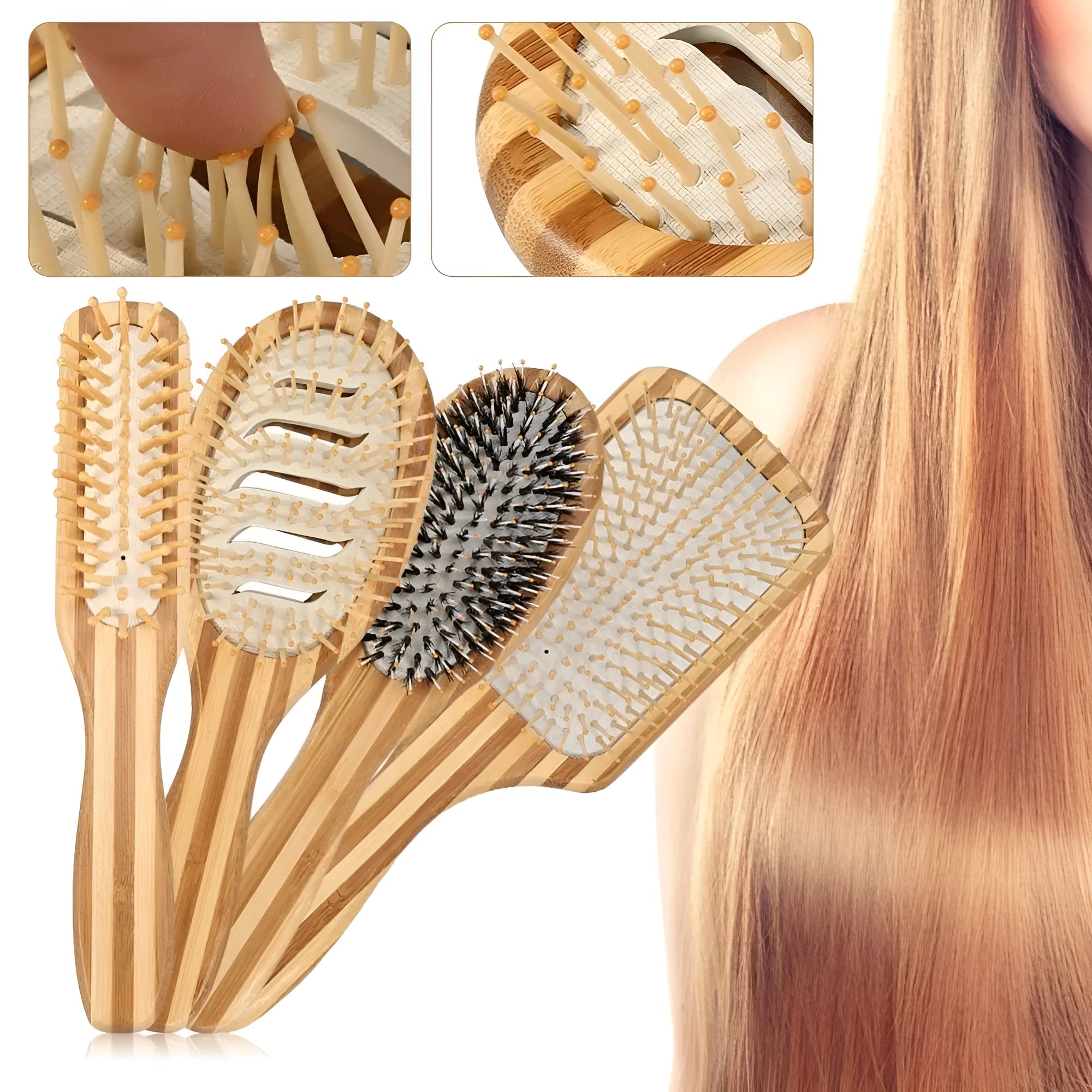 Natural bamboo scalp massage comb with round nylon teeth and rubber pad on neutral background