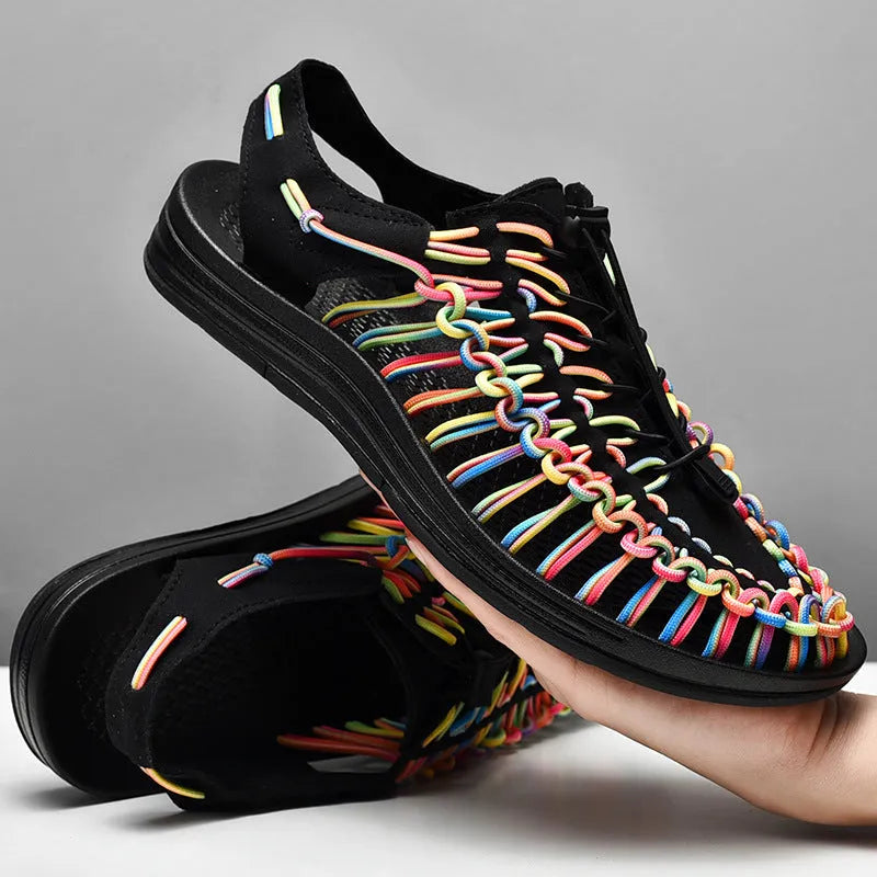 Elastic drawstring tie Roman sandals in multiple colours with a non-slip rubber sole.