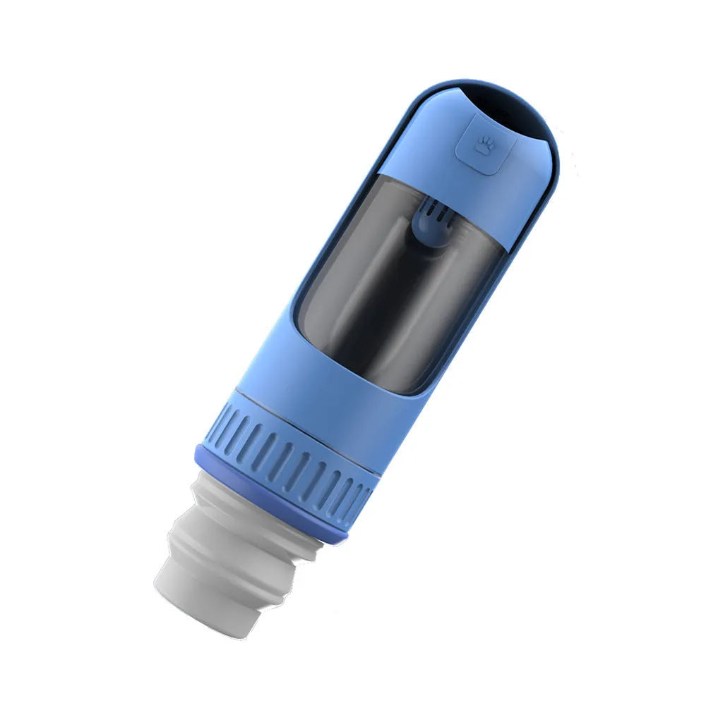 Portable dog water bottle with built-in bowl in dark blue, white, and yellow colour options