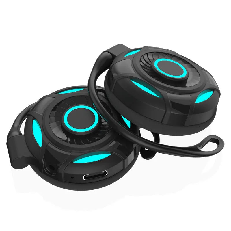 Black and white wireless Bluetooth earphones with hanging ear design and USB connectivity