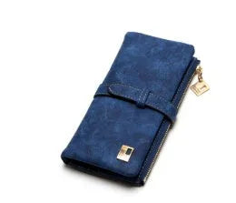 Korean style retro long women's wallet open showing multiple compartments and phone pouch