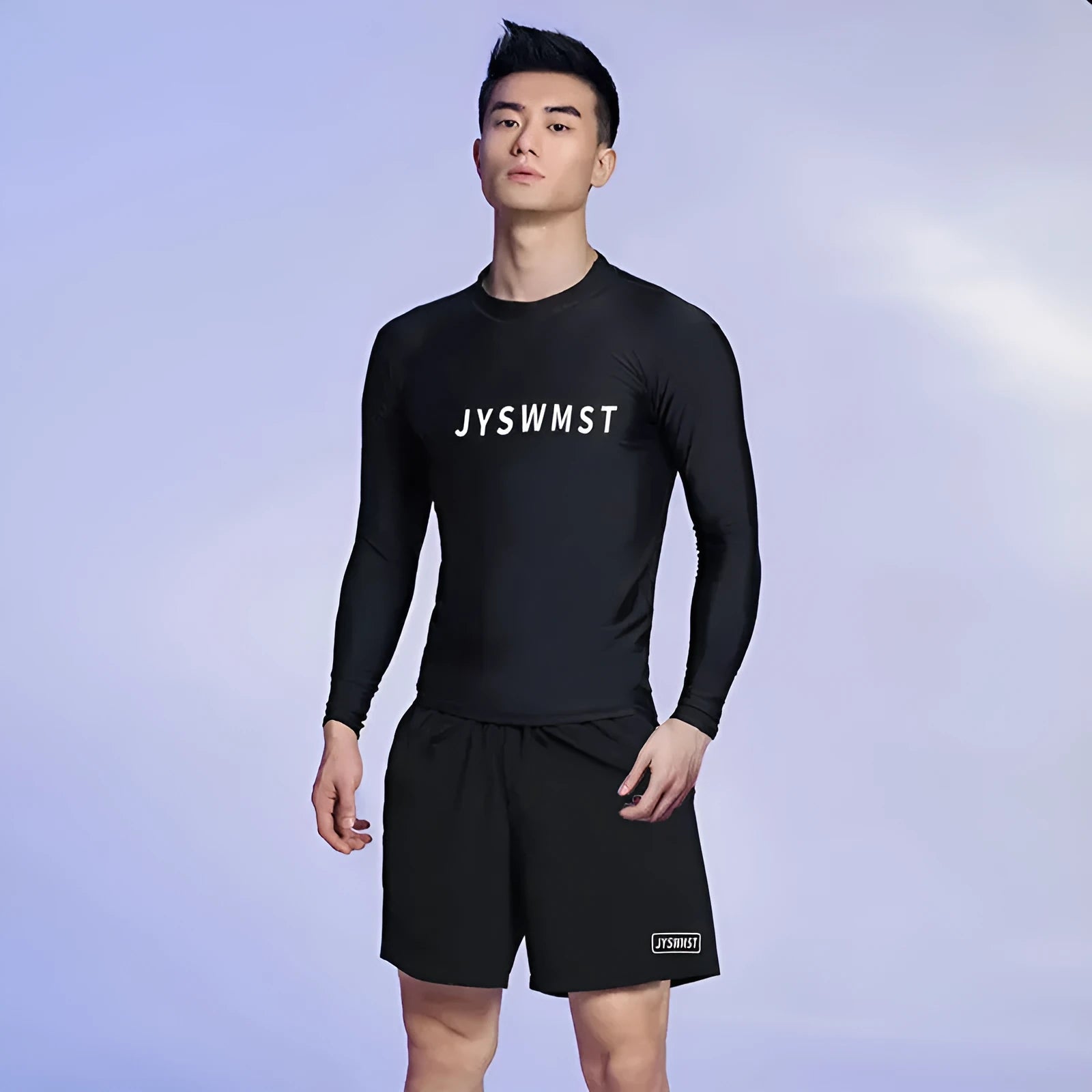 Men's patterned swimsuit set with matching top and swimming trunks in plus sizes