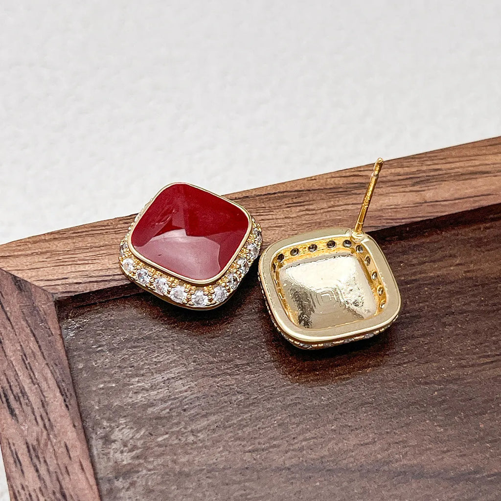 Retro red square alloy earrings geometric shape women's jewellery