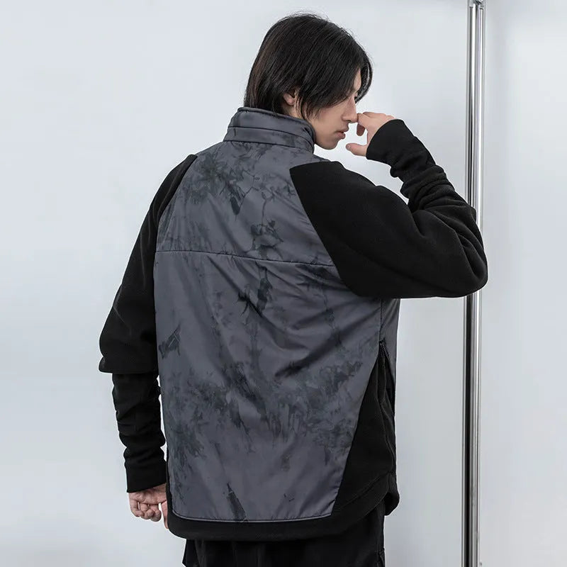 Men's black cotton fleece hooded jacket with trend stitching, loose fit