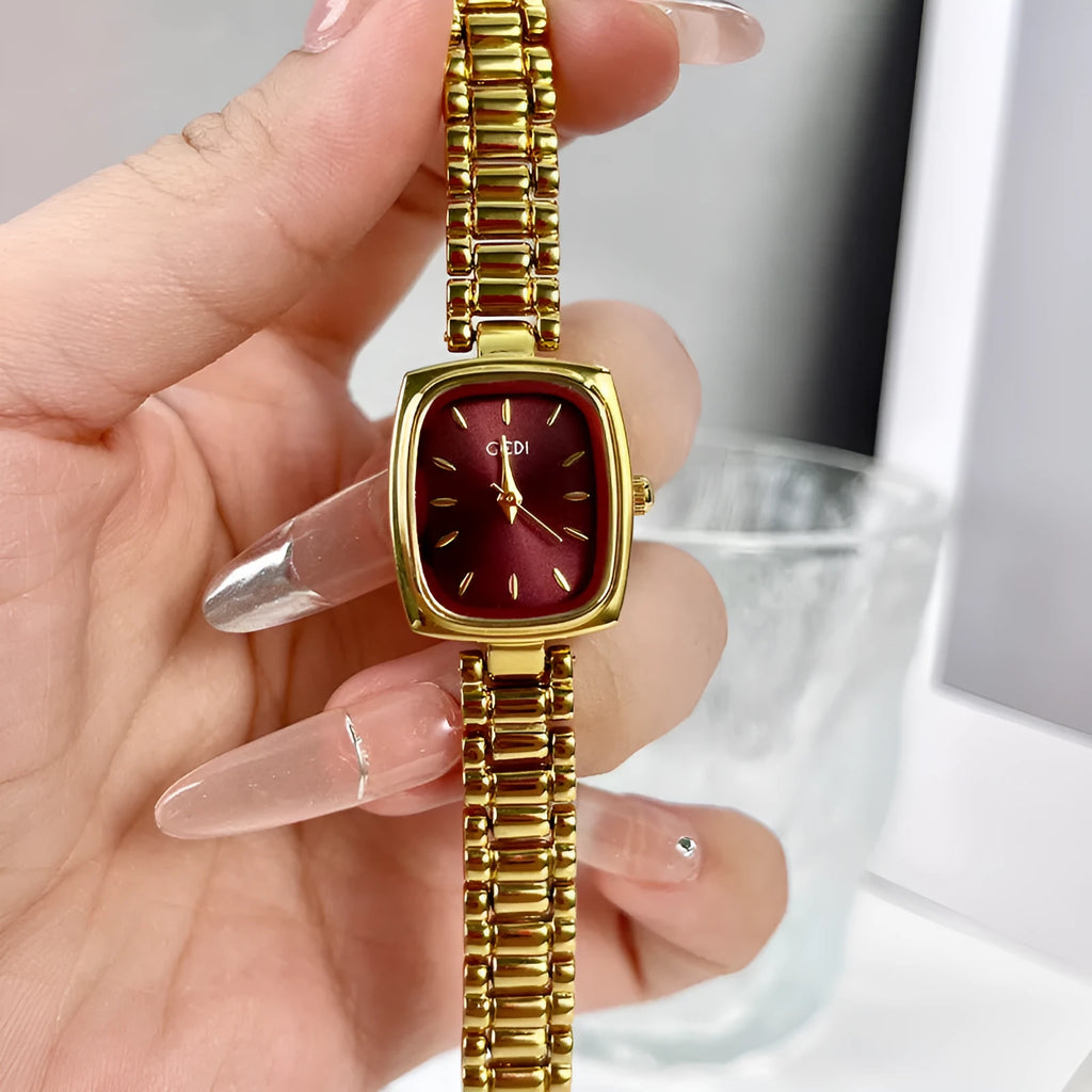 Small gold watch with gold alloy case and strap, 8mm thin, gold face
