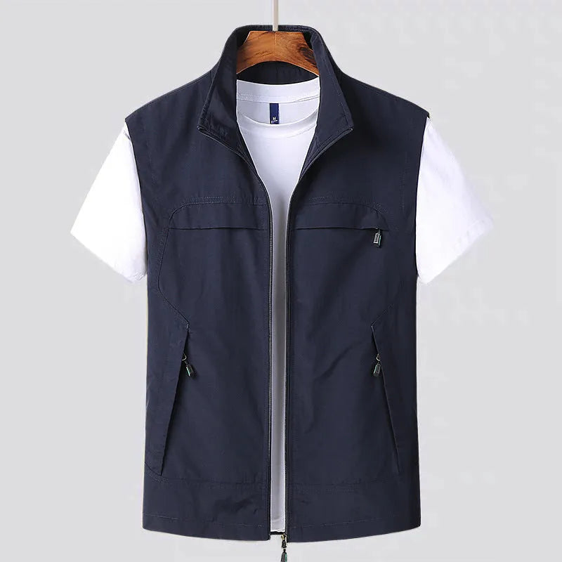Multi-pocket waterproof hooded vest in stripe pattern available in khaki green black blue colours