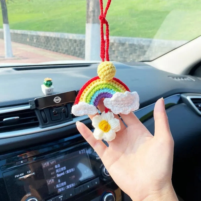 Handmade crocheted avocado rainbow flower car pendant in wool with cartoon styling