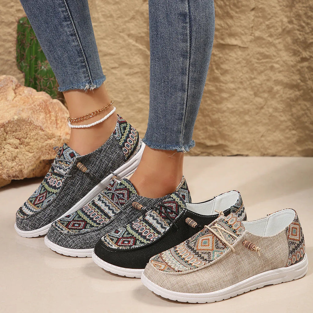 Women's flat round toe low-top slip-on shoes in black, dark grey and khaki colours