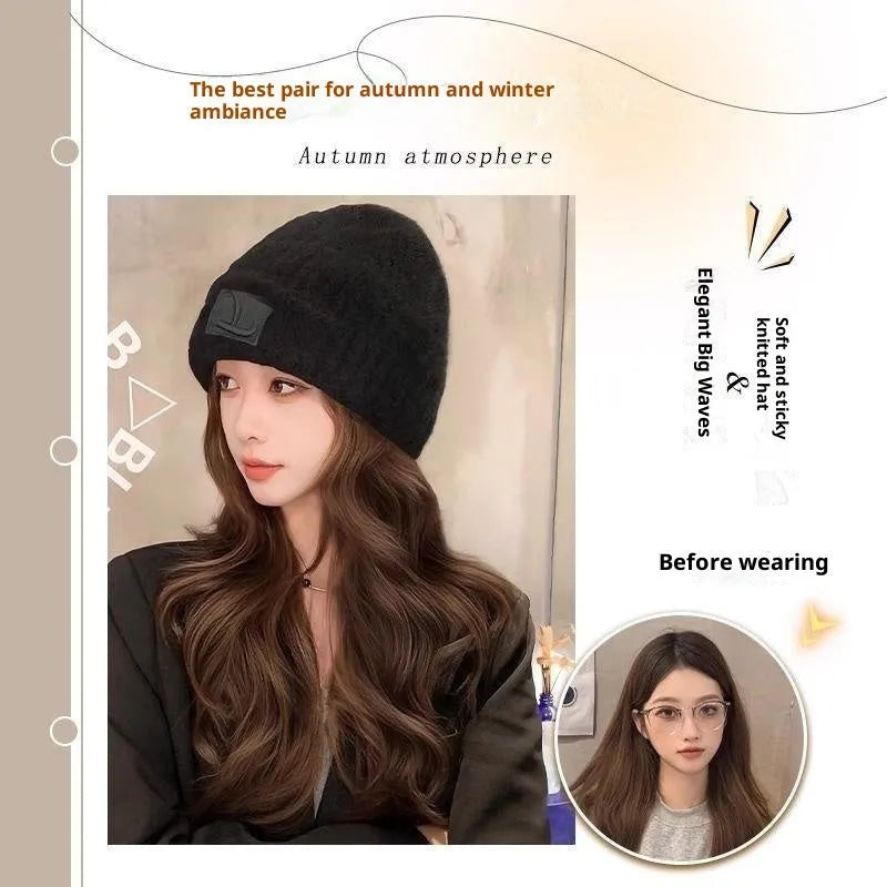 Hat women's big head small integrated fashion big wave full-head wig in protein filament cold brown colour