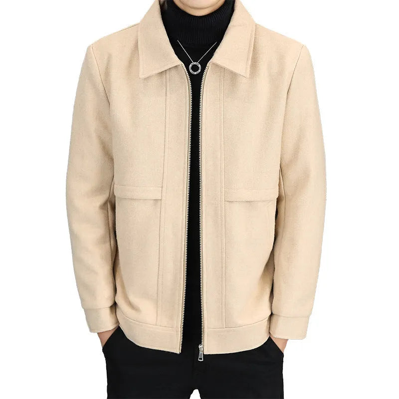 Casual polo collar jacket in cotton blend fabric showing side seam pockets and regular sleeve design