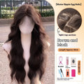 Full-head long curly synthetic wig with side bangs in cold brown colour.