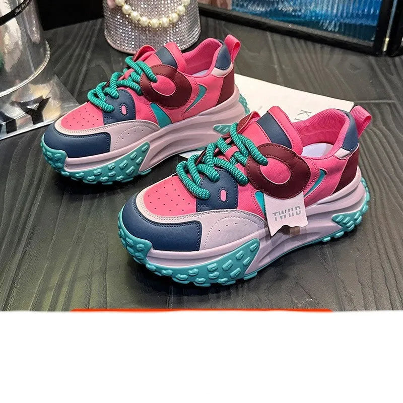 Pair of leather sports casual shoes with thick sole, wedge heel and front lace-up in multiple colour options