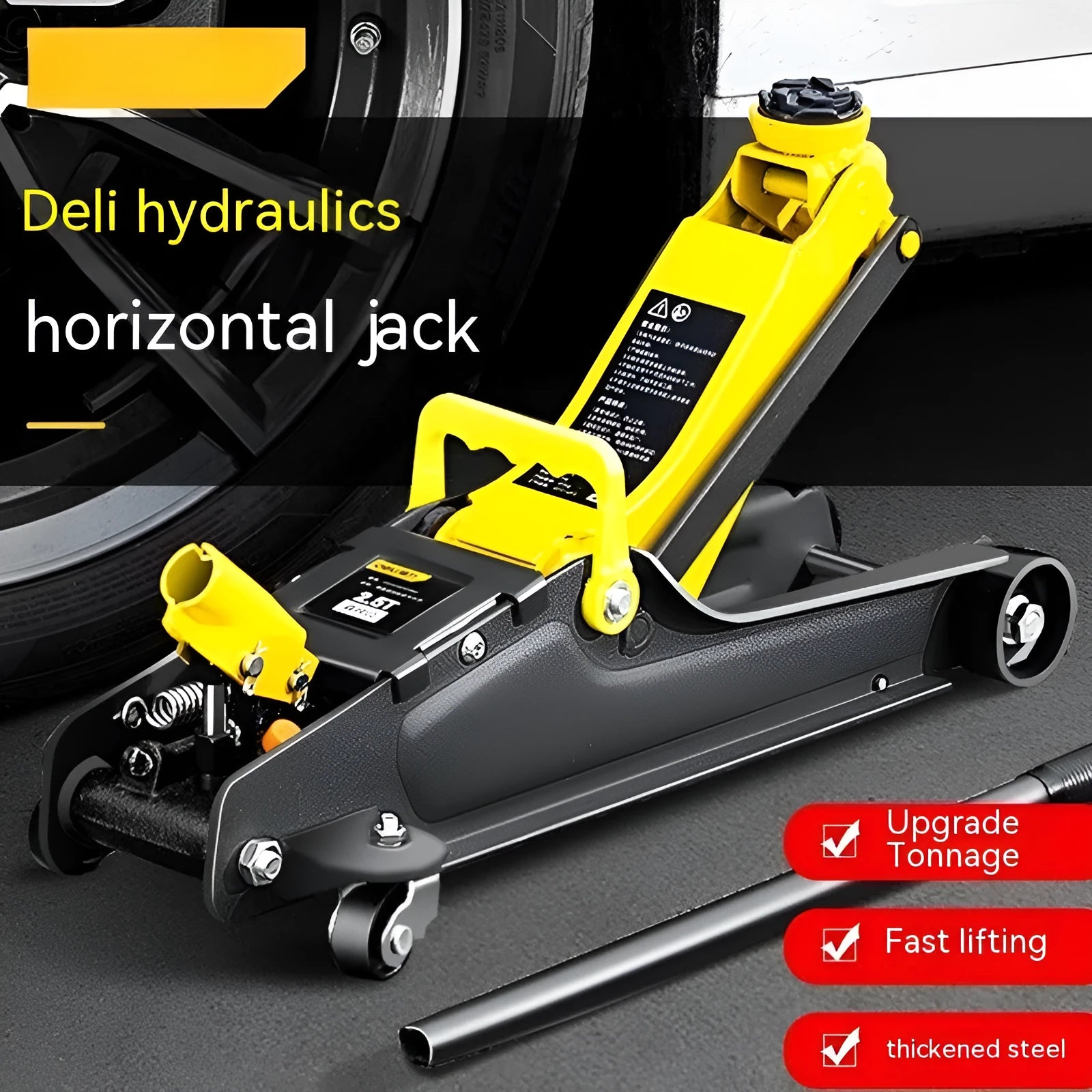 Horizontal hydraulic car jack with handle and compression member for low-profile vehicle tyre changes