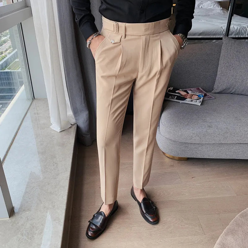 Men's straight-leg casual trousers in polyester fabric showing multiple solid colour options