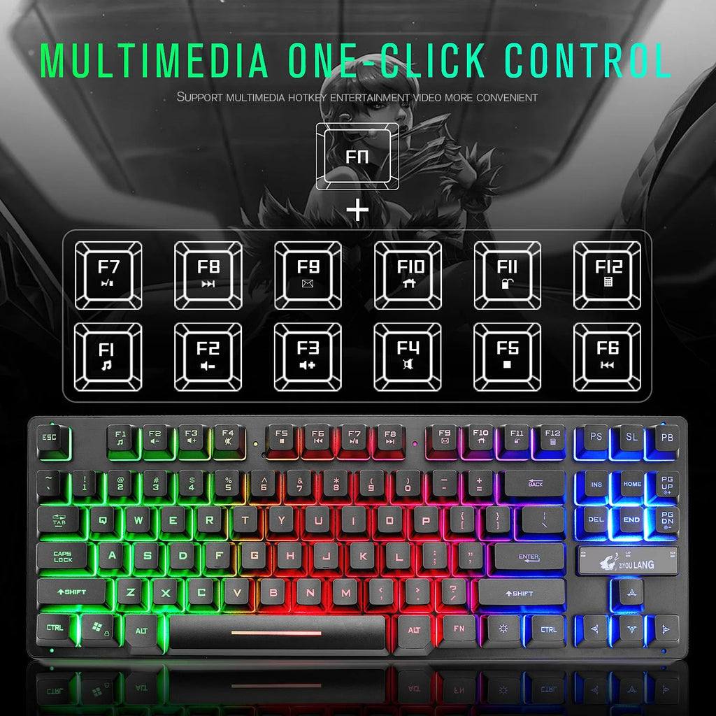 87-key wired USB mechanical keyboard in black with compact 36.5cm size