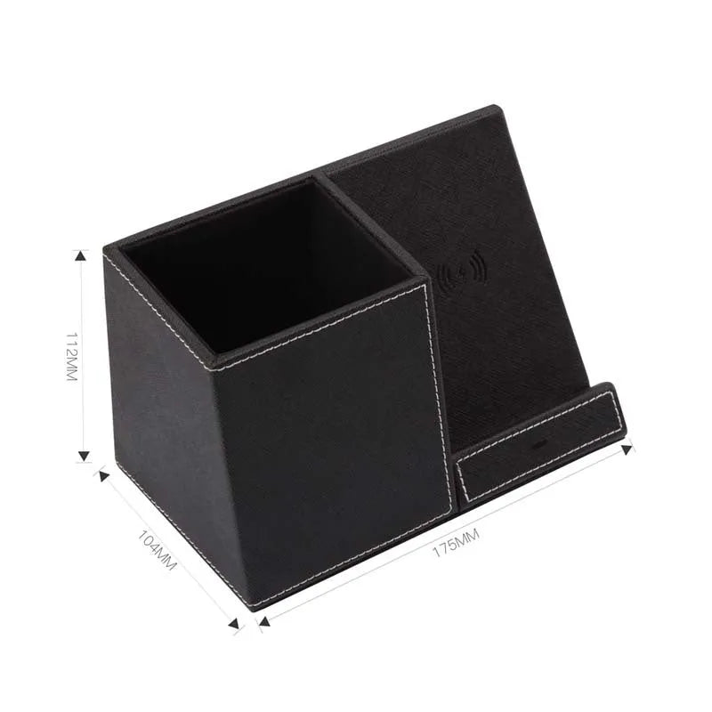 Black leather wireless charging desk organiser with pen holder and phone stand at 45-degree angle