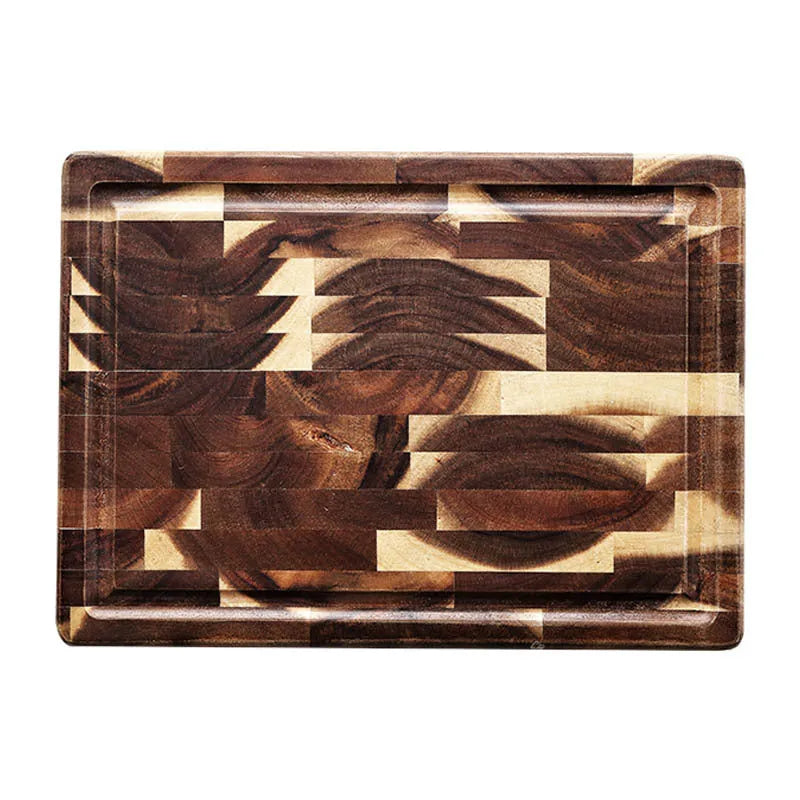 Brown solid wood cutting board with parquet construction and 3cm thickness for kitchen food preparation