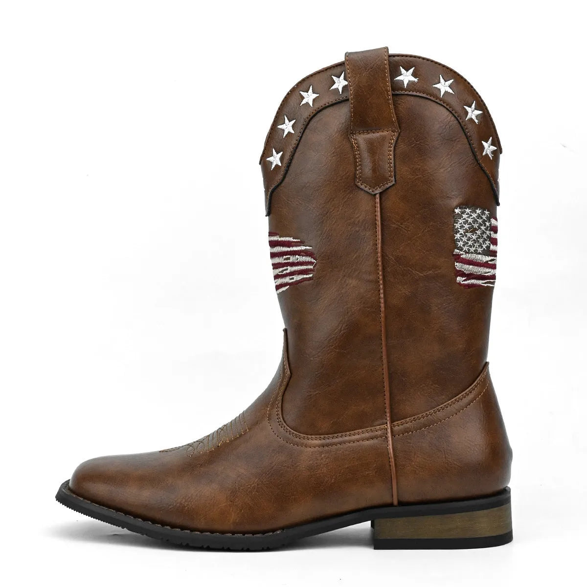 Men's black cowboy boots with a five-pointed star design on the upper and a low square heel.