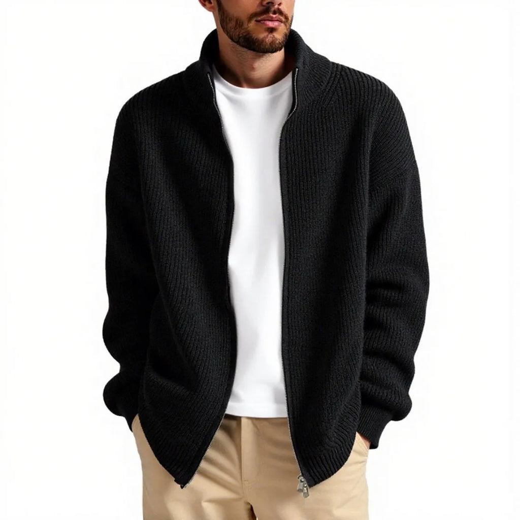 Men's loose grey cardigan sweater coat on hanger showing acrylic blend fabric texture
