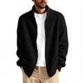 Men's loose grey cardigan sweater coat on hanger showing acrylic blend fabric texture