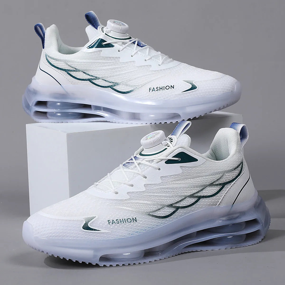 White youth sports shoes with rotating button fastening and mesh upper