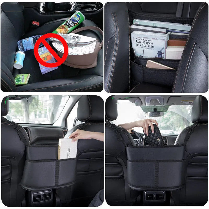 Black leather car seat storage bag with sports carbon fibre pattern, dimensions 38x24x15 cm