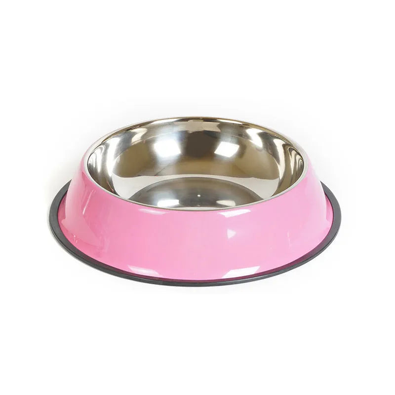 Stainless steel pet bowl with colourful melamine base and non-slip rubber ring in multiple colour options