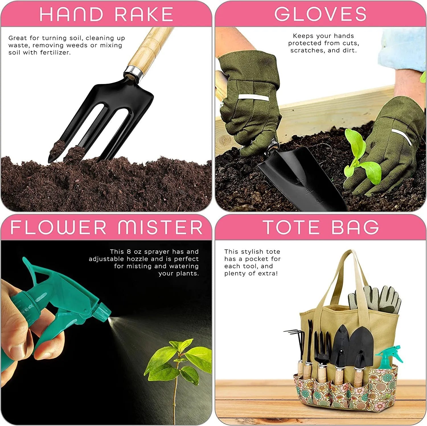 Stainless steel gardening tool set with eight pieces including trowel and cultivator