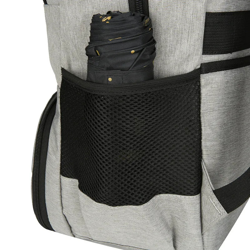Oxford cloth backpack in light grey with pull rod belt accessory and curved shoulder straps