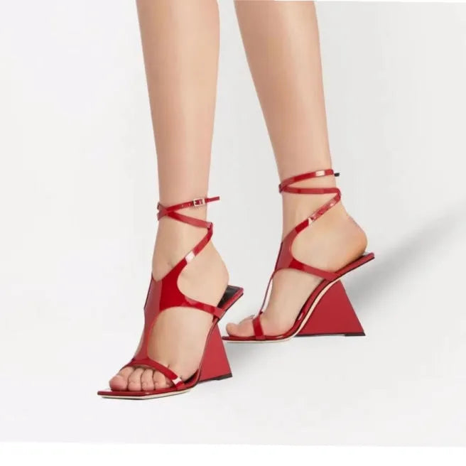 Women's square toe high heel sandals with button closure in black, red and beige colours