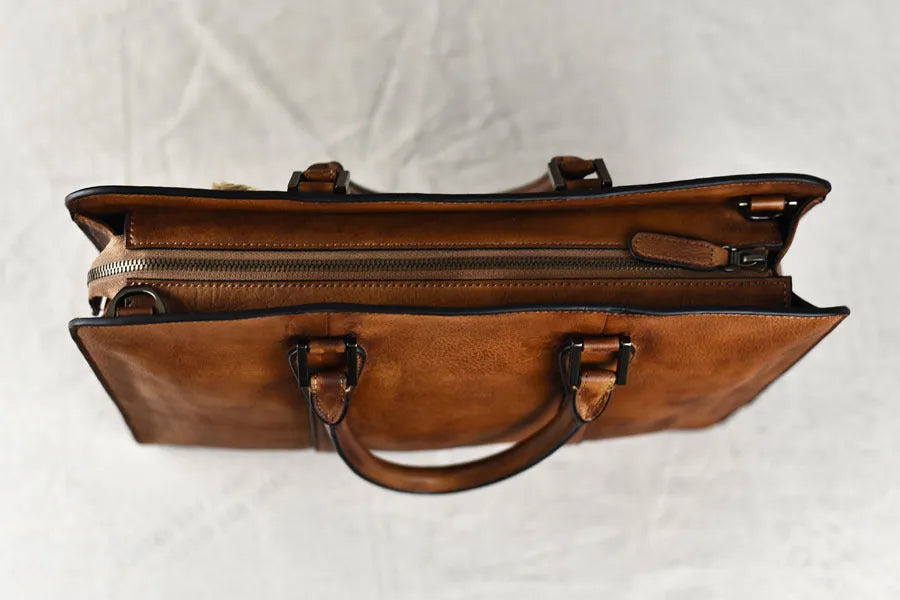 Men's 14 inch horizontal leather business handbag in khaki colour with zipper opening