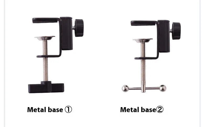 Black foldable metal cantilever bracket holding a tablet, extended on a desktop.