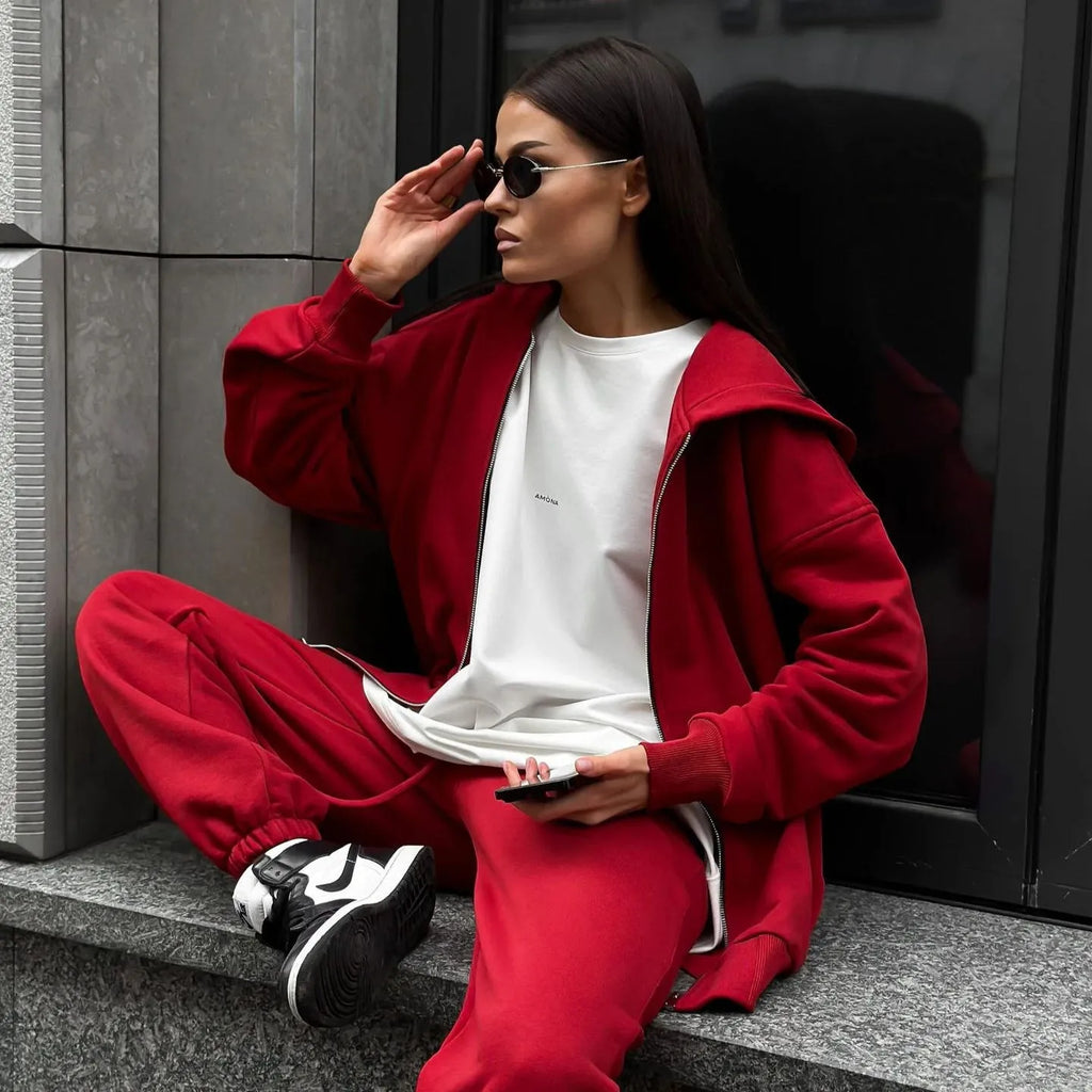 Red loose street style long-sleeved coat and trousers two-piece set on a model
