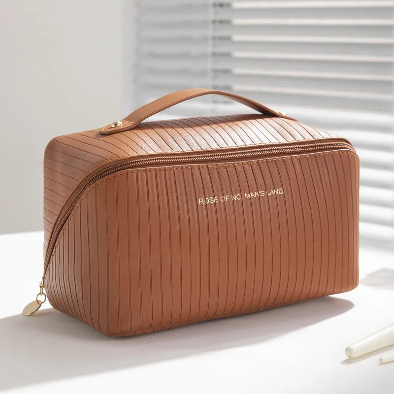 Vertical pattern cubic makeup bag in PU leather measuring 22.5 x 12.5 x 12.5 cm
