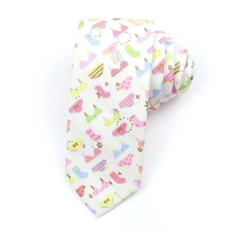 Korean style narrow men's cotton bow tie with a printed cartoon pattern in a selected colour.