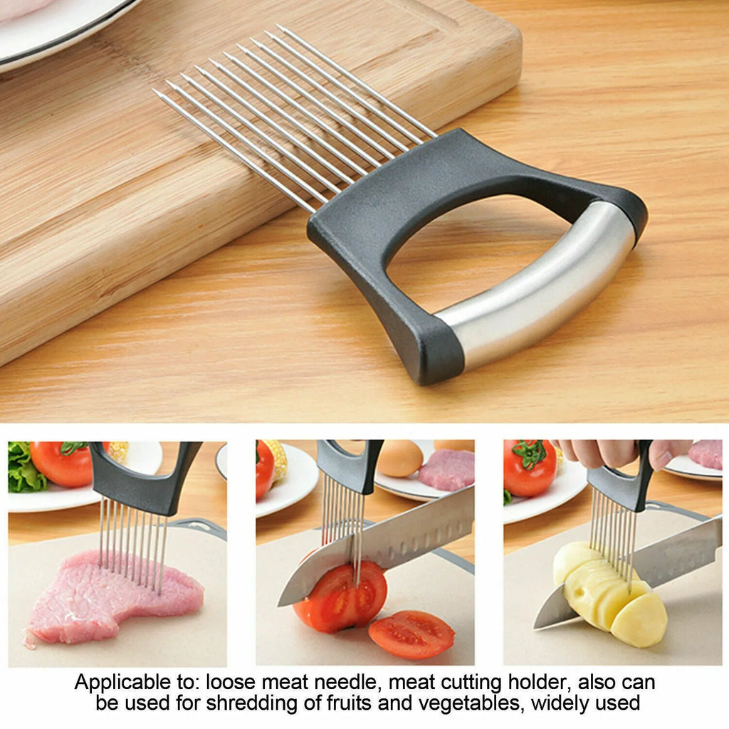 Stainless steel food slice assistant with ABS handle for stabilising onions and tomatoes during cutting