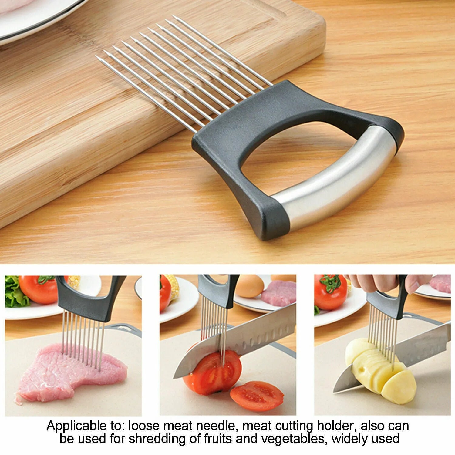Stainless steel food slice assistant with ABS handle for stabilising onions and tomatoes during cutting