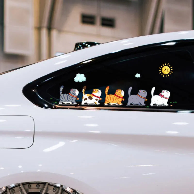 PVC car sticker showing five cats walking, available in three sizes for vehicle decoration