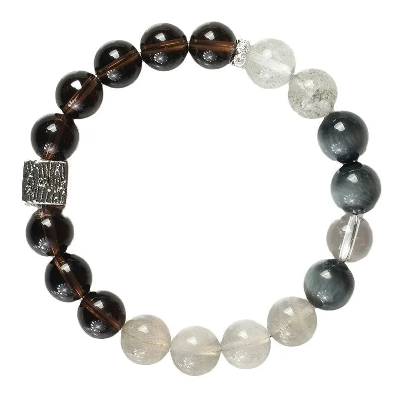 Khaki crystal couple bracelets with 10mm geometric beads in Chinese style design