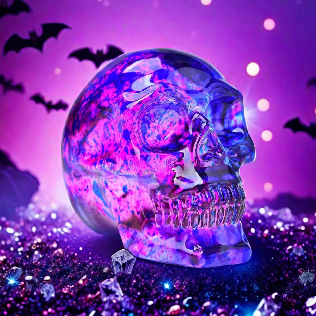 Pink and blue floral glass skull ornament on a shelf for decorative display
