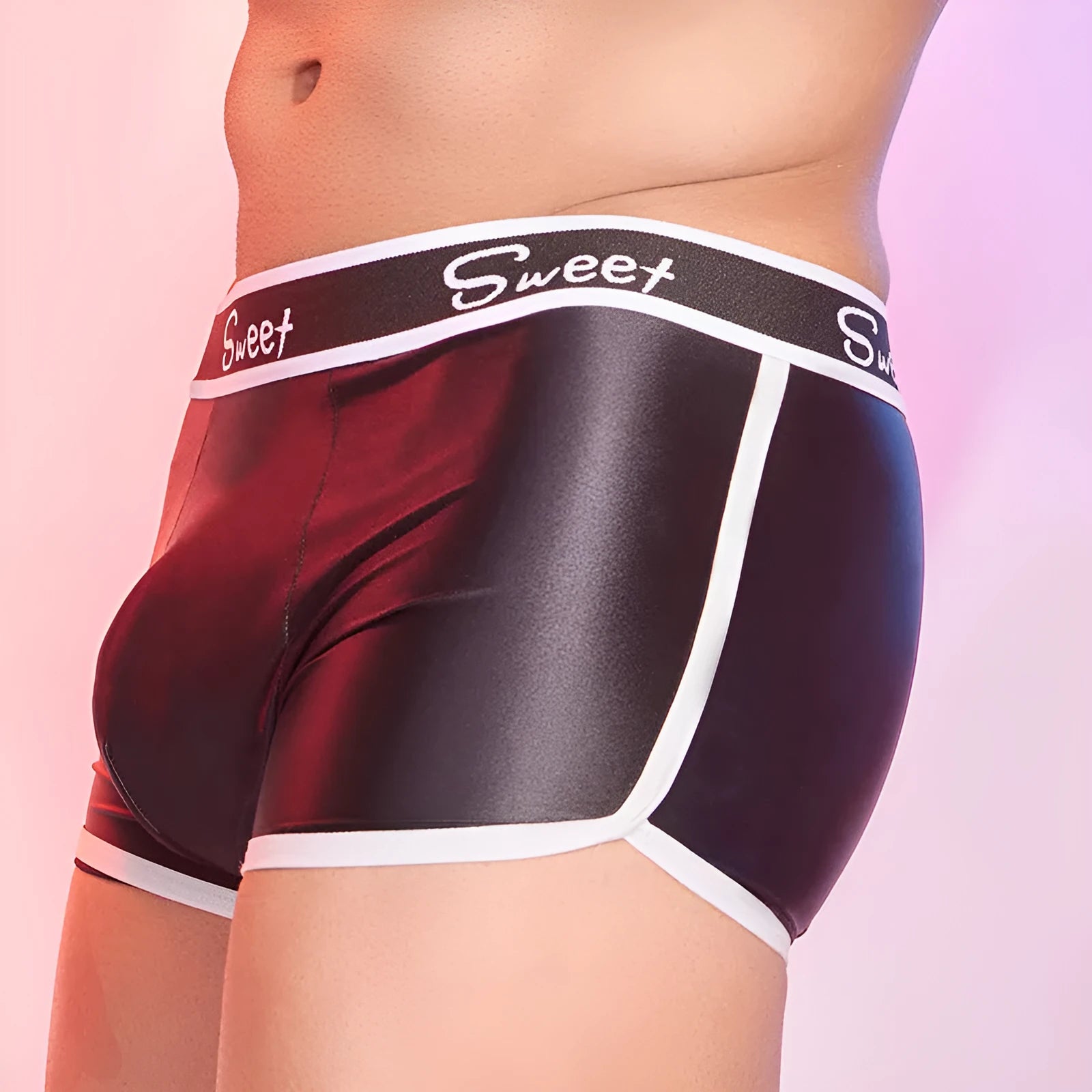 Men's shiny nylon boxers in black, white, and sapphire blue colours
