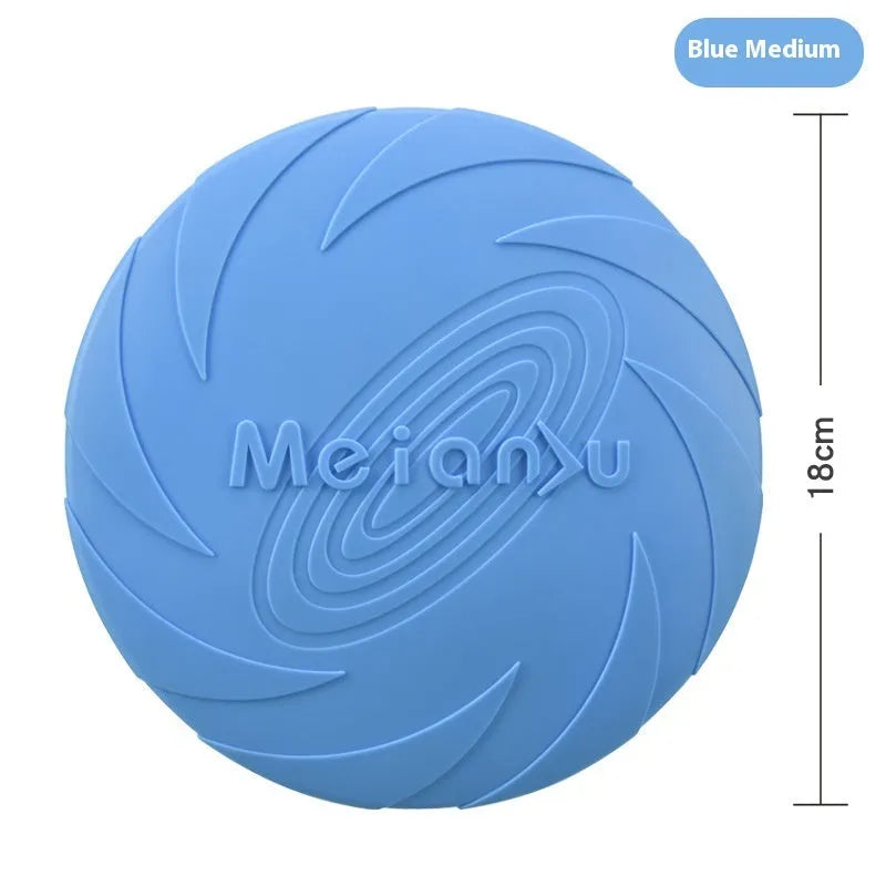 Dogs Base soft rubber dog frisbee toy in red, blue, and green colours shown in small, medium, and large sizes.
