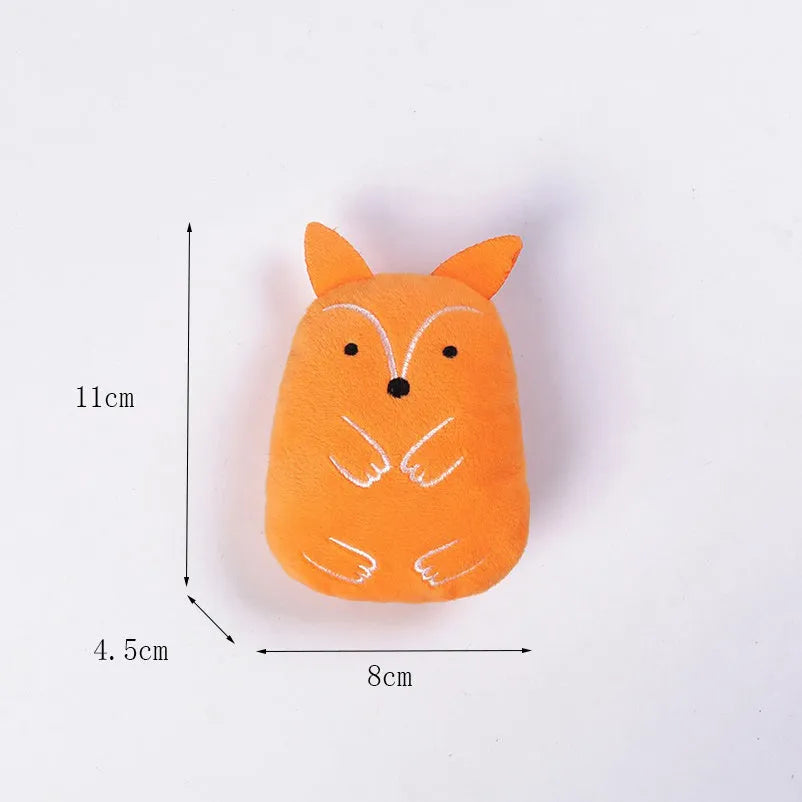 Small plush catnip toy with vocal feature for feline teeth grinding and claw play