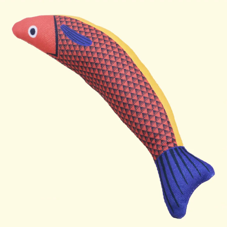 Soft plush fish-shaped cat toy with organic catnip filling in green, orange and yellow colour options
